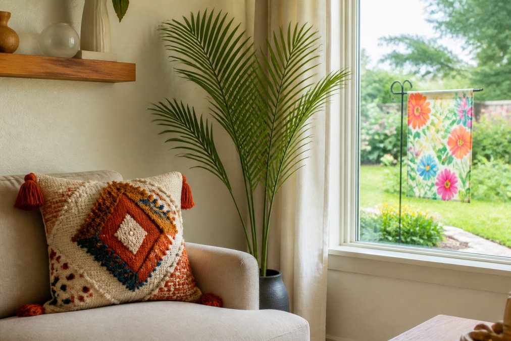 A bright living room corner styled with a boho accent pillow on a neutral sofa, a faux palm stem in a simple floor vase, and a multicolor garden flag visible through a window