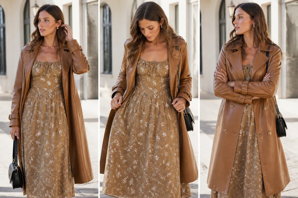 Woman styling multiple outfits by layering a vegan leather trench coat over different floral dresses, demonstrating versatile wardrobe combinations in natural daylight