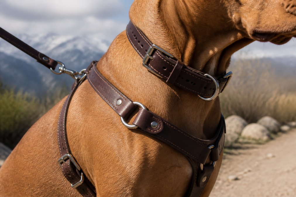 Close-up of a dog wearing a premium leather collar and harness during an outdoor walk in natural sunlight, showing material texture, stainless steel hardware details, and quality stitching