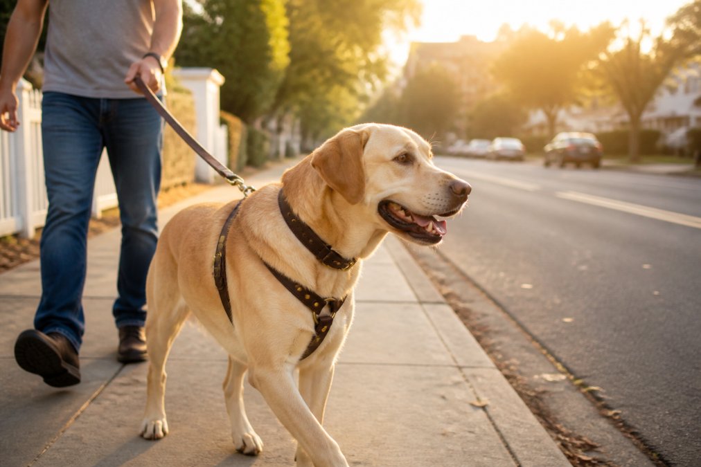 Pet owner walking their dog on a neighborhood street during golden hour, with the dog wearing a premium leather collar and harness, showing the gear in natural use and sunlight