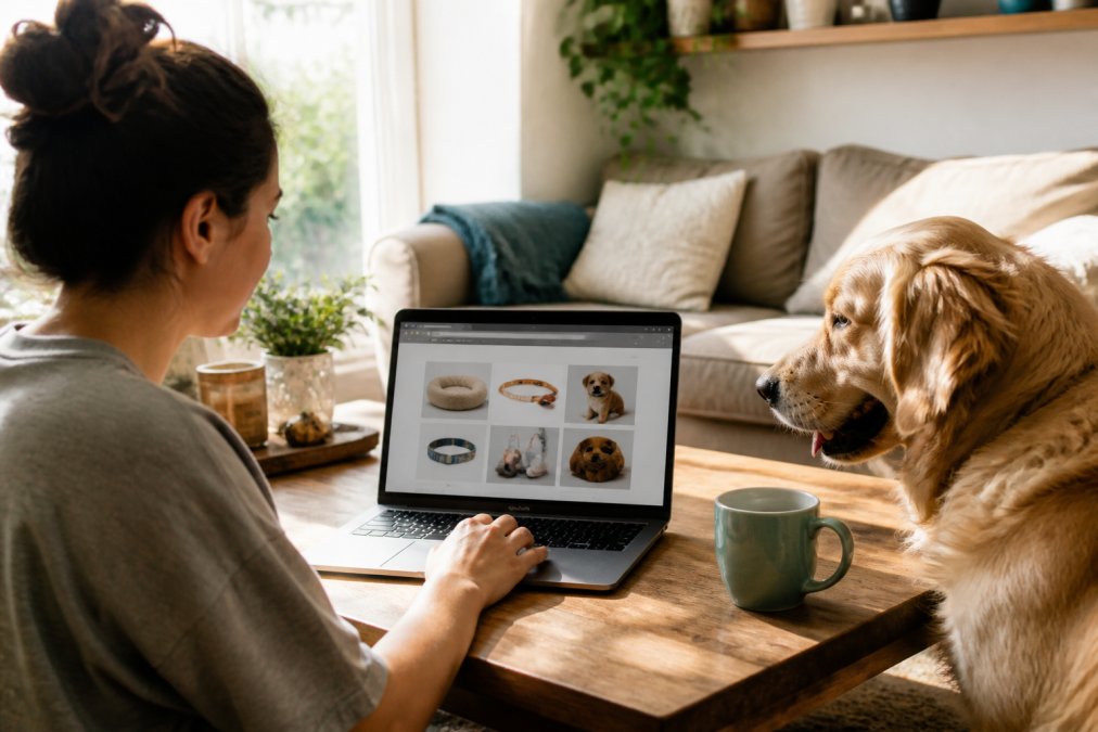 Pet owner browsing curated pet supplies on a laptop at home, with a golden retriever sitting nearby watching the screen, warm natural lighting from a window