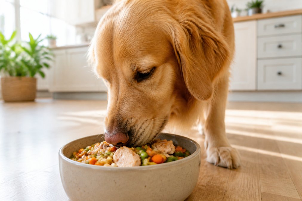Close-up of fresh dog food in a ceramic bowl with visible vegetables, chicken, and brown rice, a golden retriever eating from the bowl in soft morning kitchen lighting