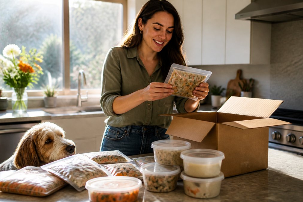 Pet owner unpacking fresh, refrigerated dog food delivery at home with various premium food containers visible on kitchen counter, morning sunlight streaming through kitchen window