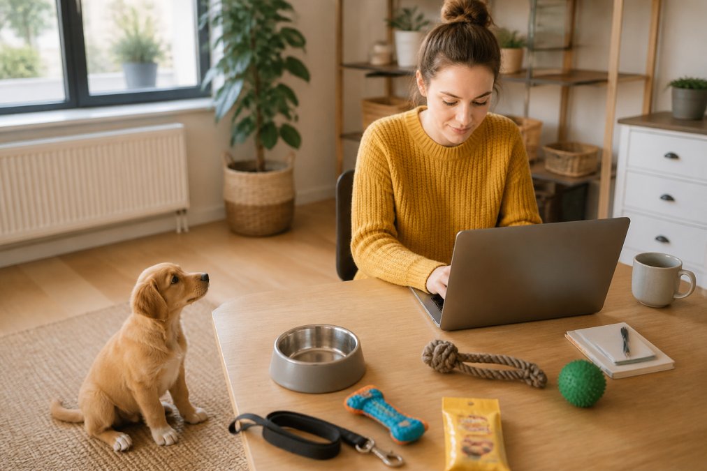New pet owner browsing premium pet supplies on a laptop in bright home office, with a curious puppy sitting nearby on the floor, natural window lighting