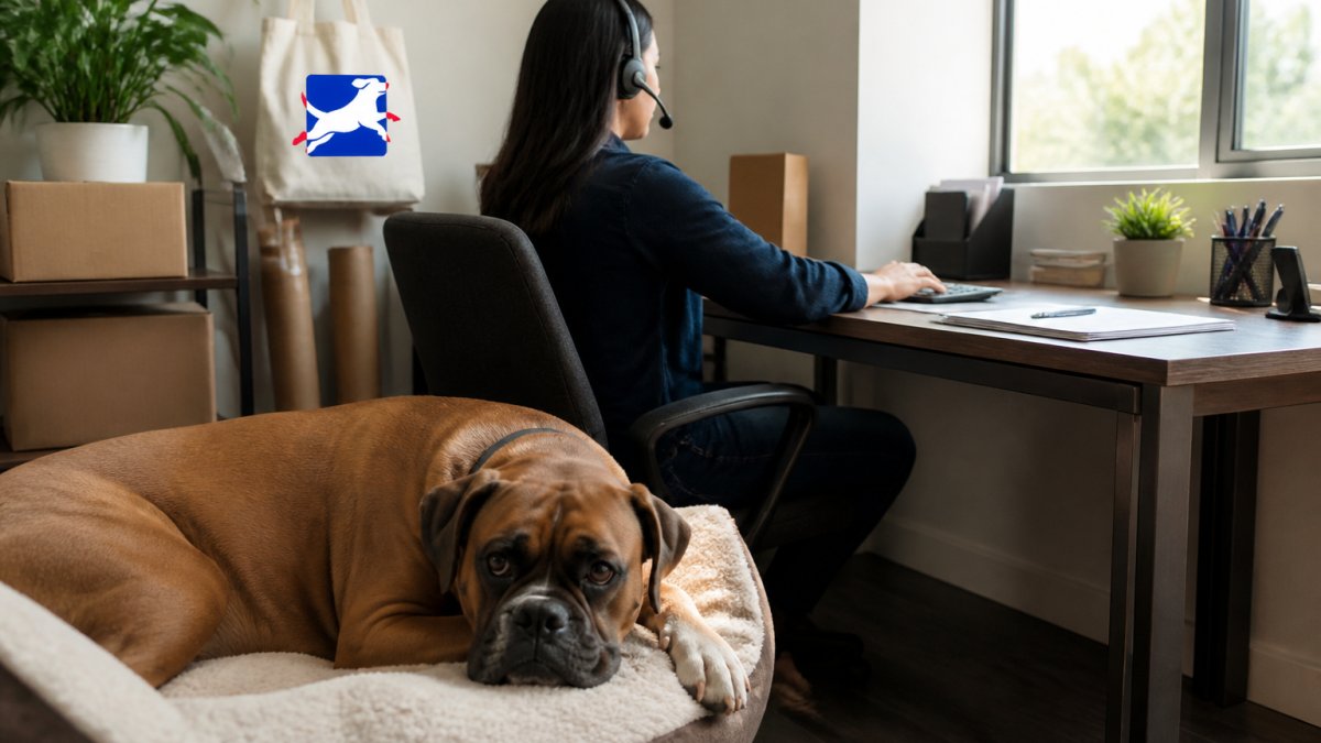 A customer service representative at a desk with a headset, reviewing a return request on a computer screen while a dog rests nearby in a bright office