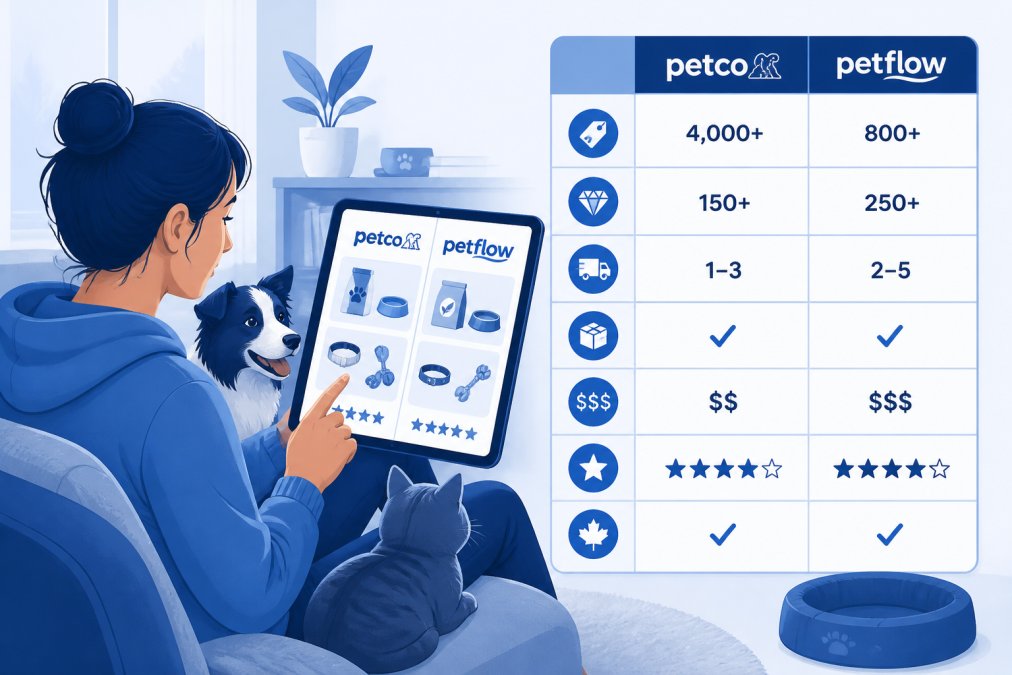 Pet owner comparing product options on a tablet while sitting with their dog and cat nearby, natural home lighting, casual setting
