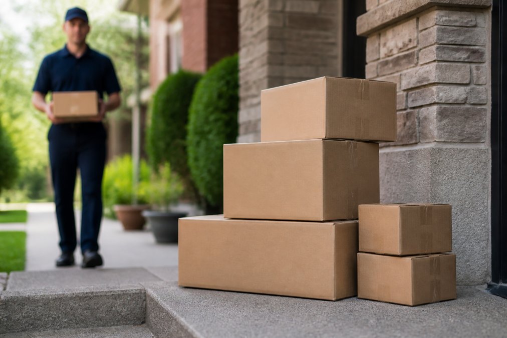 Delivery boxes of premium pet food stacked at a doorstep with delivery person visible in background, daytime outdoor lighting
