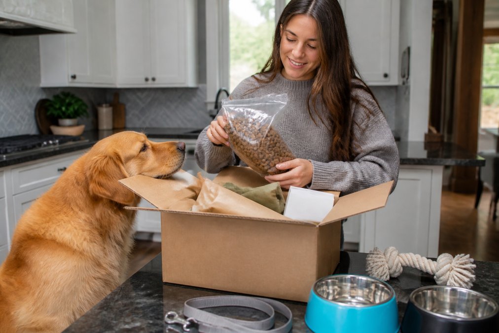 Pet owner unpacking a delivered box of pet supplies on their kitchen counter, with a dog nearby investigating the package