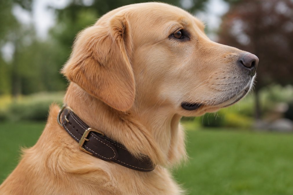 Close-up of a golden retriever wearing a well-fitted quality collar outdoors, showing the collar's detail, stitching, and how it sits comfortably on the dog's neck