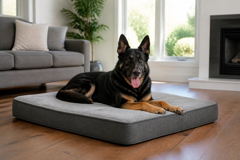 A large, active dog resting comfortably on a thick orthopedic memory foam bed in a bright living room with hardwood floors