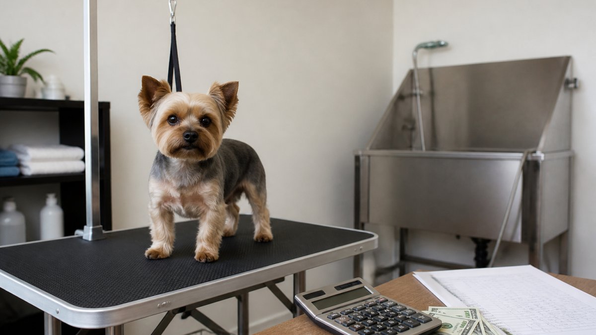 A professional dog grooming table with a non-slip rubber surface and adjustable arm, set up in a clean home grooming space with a small dog standing calmly on the table