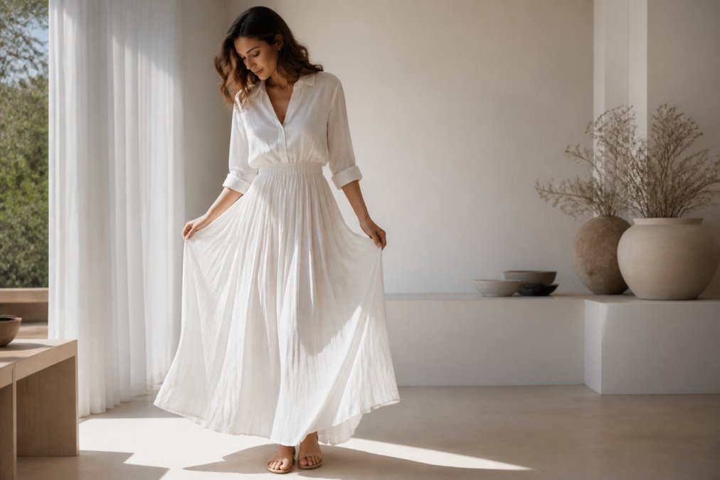 Eine Frau in einem fließenden weißen Leinen-Maxikleid mit Reverskragen, die in einem hellen, modernen Raum steht und den plissierten Stoff sanft mit beiden Händen hält, weiches Tageslicht von der Seite