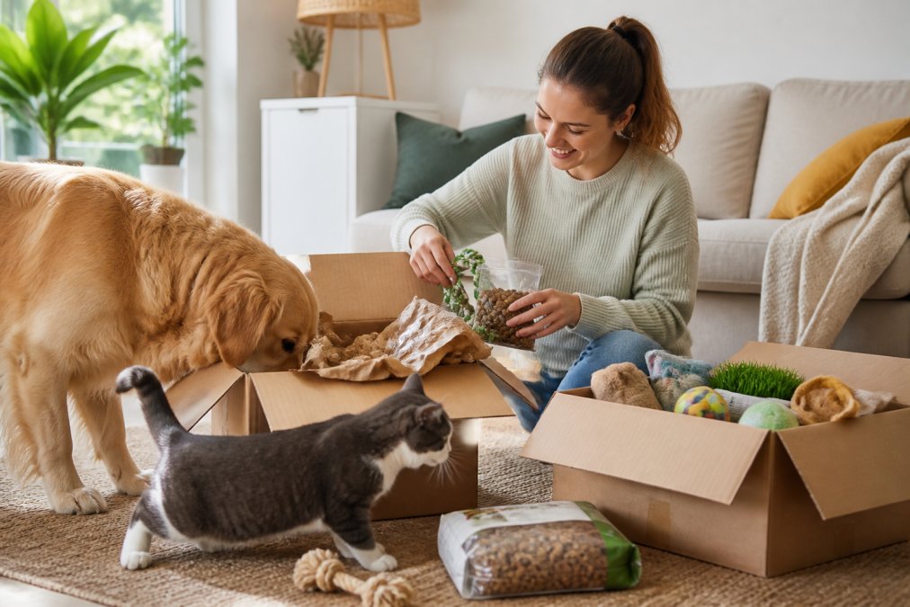 Busy pet owner at home unpacking pet supplies delivered to their doorstep, with a happy dog and cat nearby exploring the boxes and packages on the floor in natural daylight