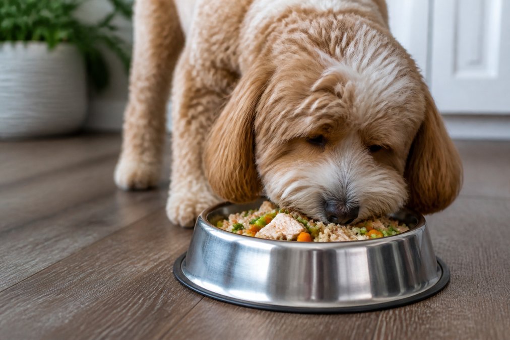 Close-up of fresh, prepared pet food in a stainless steel bowl with recognizable ingredients like chicken, vegetables, and grains visible, a happy dog eating contentedly from the bowl