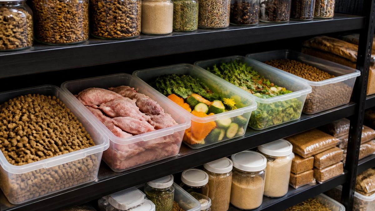 Close-up of various exotic pet food containers and supplements arranged on a shelf, including insect-based feed, raw meat portions, fresh produce, and specialized kibble in organized bins with clear labeling
