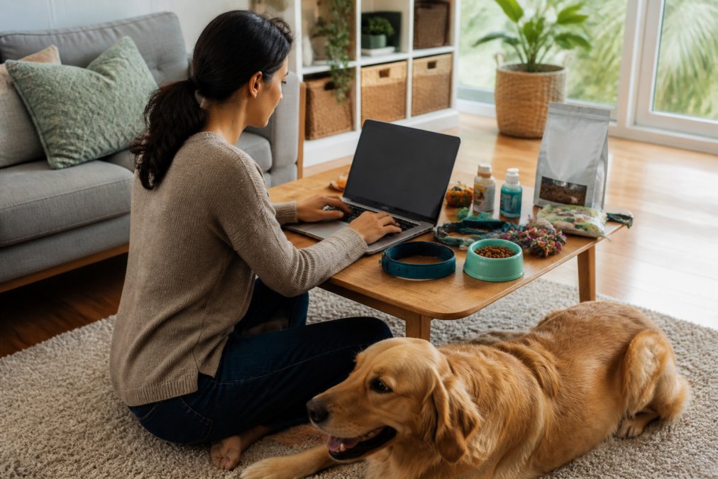 Pet parent shopping online on a laptop at home, browsing pet supplies with a golden retriever resting nearby on a cozy rug, natural daylight streaming through windows