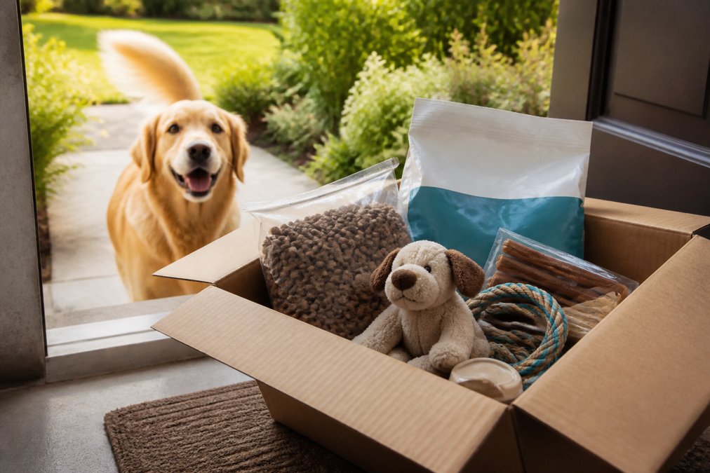 Close-up of premium pet food and supplies being unboxed at a doorstep on a sunny morning, with a happy golden retriever's face visible in the background, tail wagging