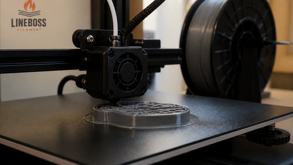Close-up of a 3D printer's heated build plate with the first layer of a glossy PETG part being laid down, showing the nozzle and a clean brim, with a spool of filament visible in the background