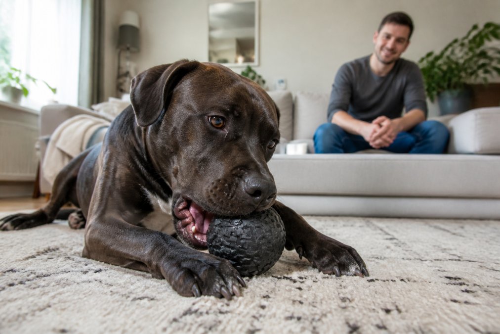 A large strong-jawed dog energetically chewing a durable rubber ball toy on a living room rug, with a person sitting nearby on a couch watching with a relaxed smile
