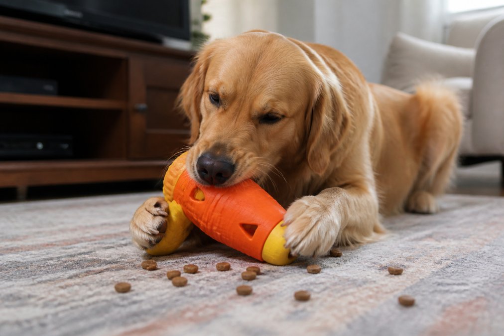 Close-up of a dog actively playing with an interactive toy, showing engagement and durability in action