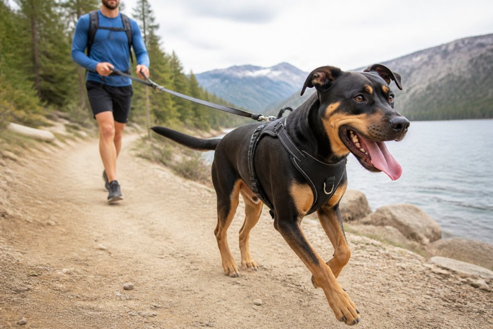 Large active dog wearing a padded no-pull harness during an energetic outdoor walk, showing proper fit and control with handler visible in background
