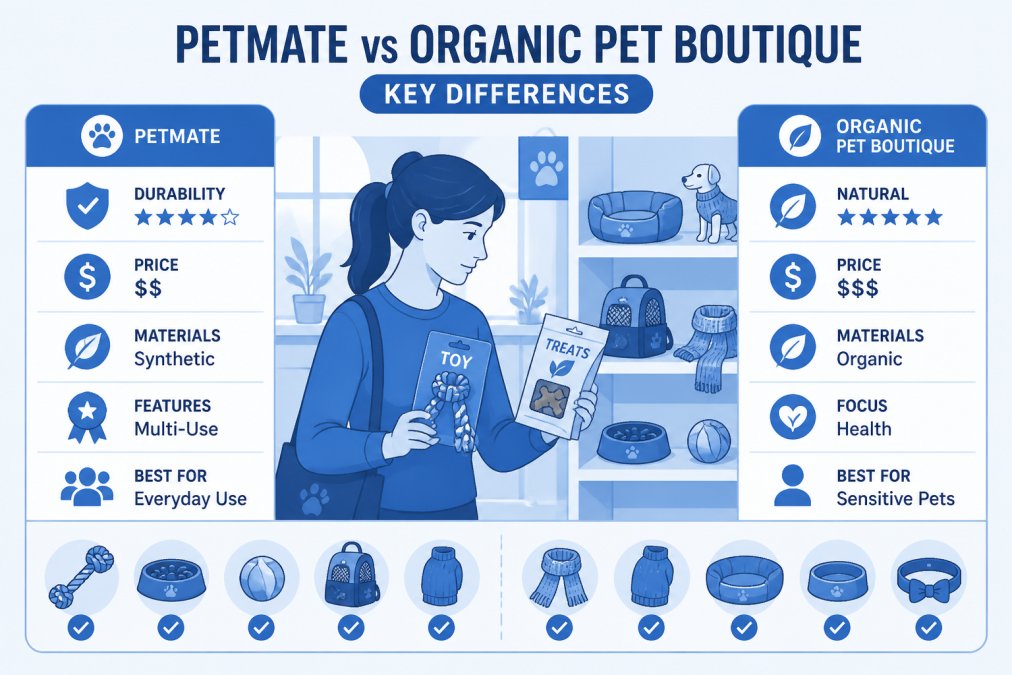 Pet owner carefully examining pet toy and treat packaging on boutique shelf, comparing labels and materials with focused attention, bright natural window lighting in cozy store setting