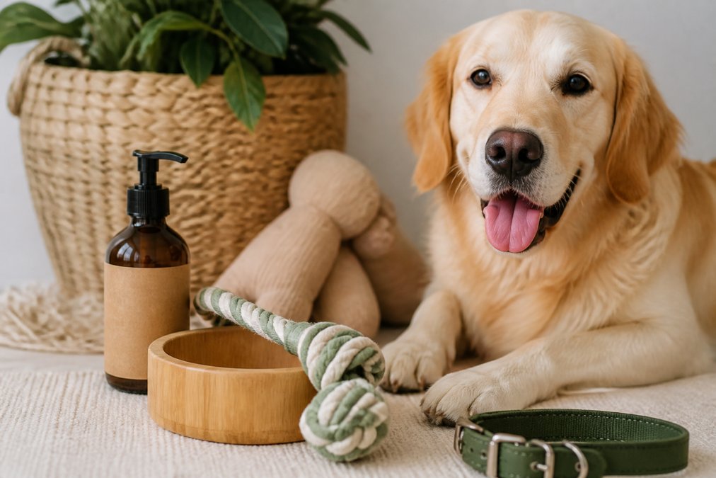 Close-up of eco-friendly pet product packaging displaying organic certification labels, sustainable material composition information, and ethical sourcing statements in natural lighting