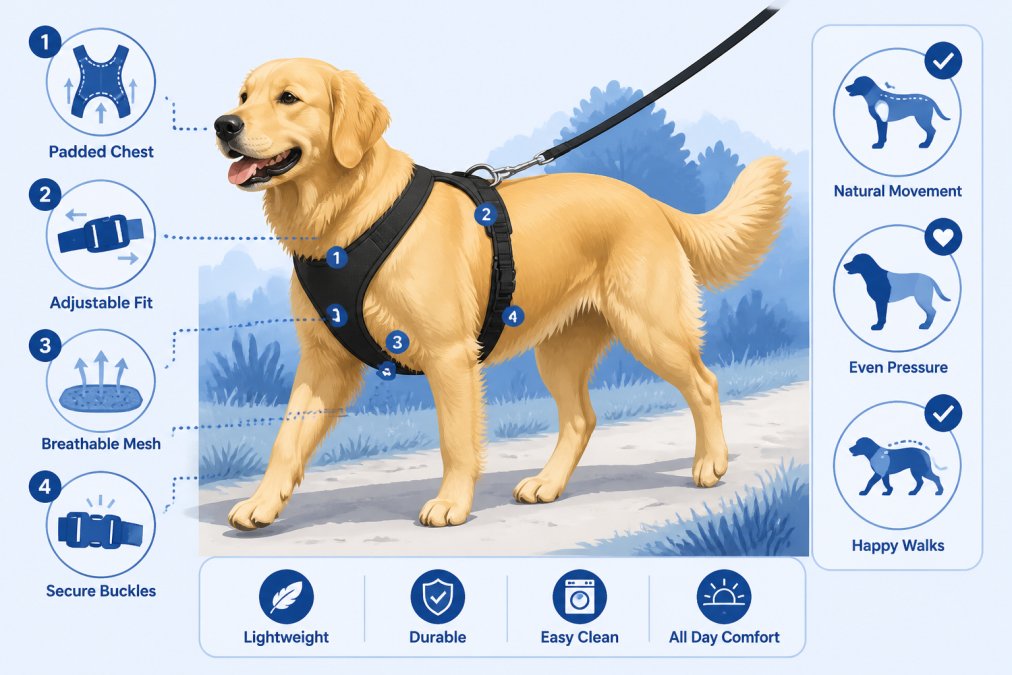 Golden retriever wearing a properly fitted black harness during a leisurely walk on a sunny trail, showing relaxed posture and comfortable stride