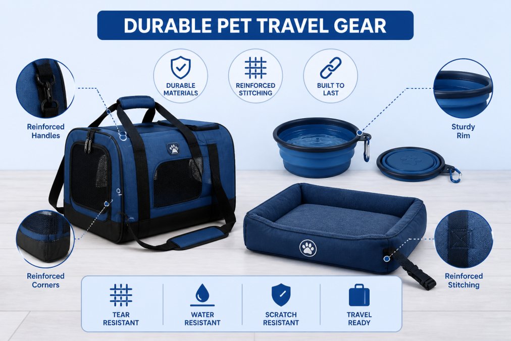 Cat carrier and travel accessories including collapsible bowls and a travel bed arranged on a wooden floor, showing quality construction and reinforced stitching