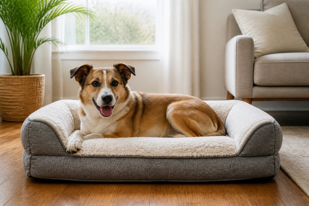 A medium-sized dog resting comfortably on a plush orthopedic bed with bolsters in a bright living room, natural sunlight through windows