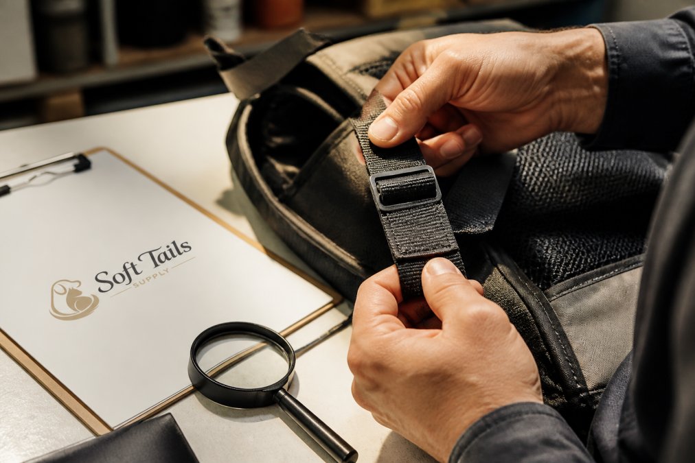 Close-up of professional hands inspecting pet carrier webbing straps, metal buckles, and reinforced stitching under bright workshop lighting