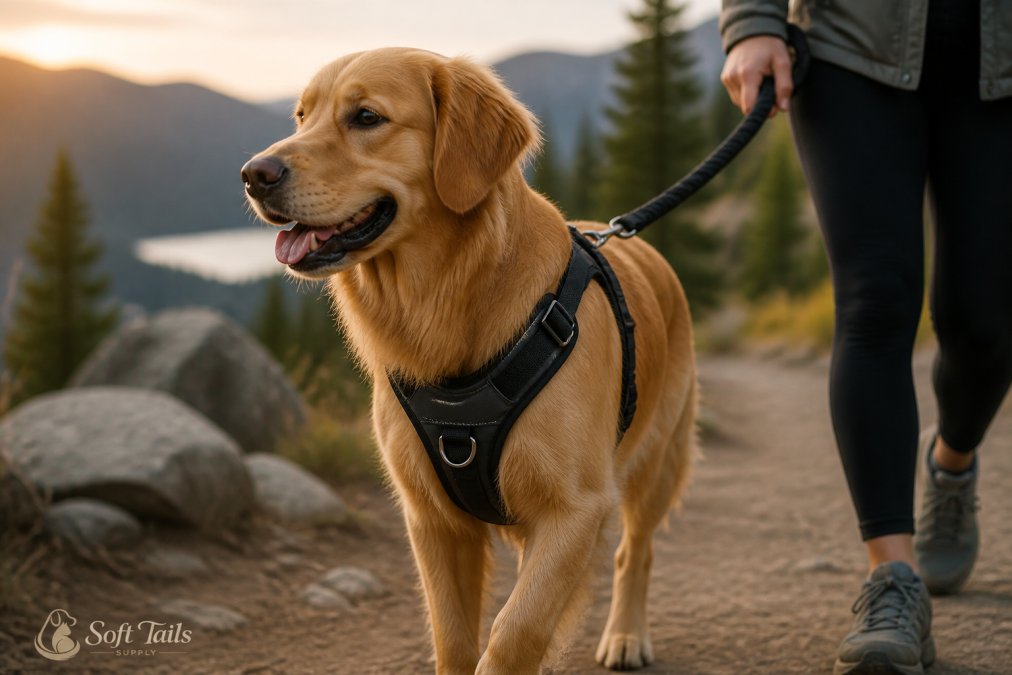 Golden retriever wearing a fitted harness with visible adjustable straps and metal D-ring attachment during a walk in natural outdoor lighting