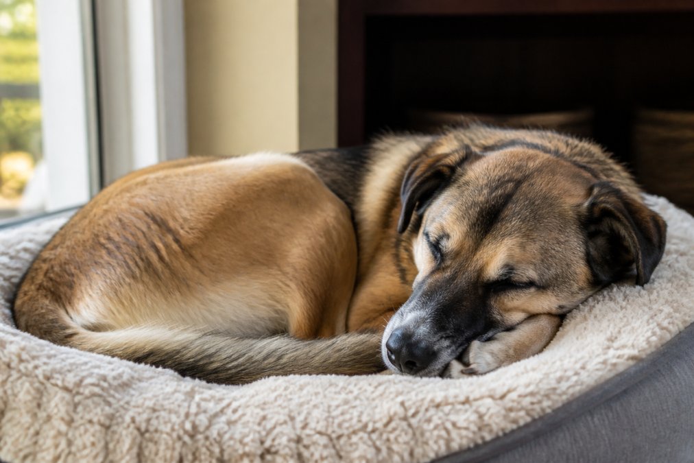 A grateful rescue dog resting peacefully on a soft bed at home, curled up with relaxed body language and calm expression in natural afternoon light