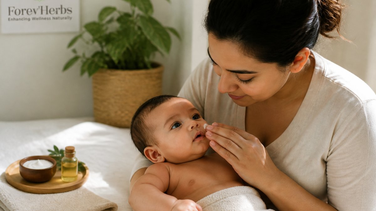 Parent gently applying natural petroleum-free balm to baby's delicate cheek skin with careful attention, showing the tenderness of sensitive skin care in natural daylight