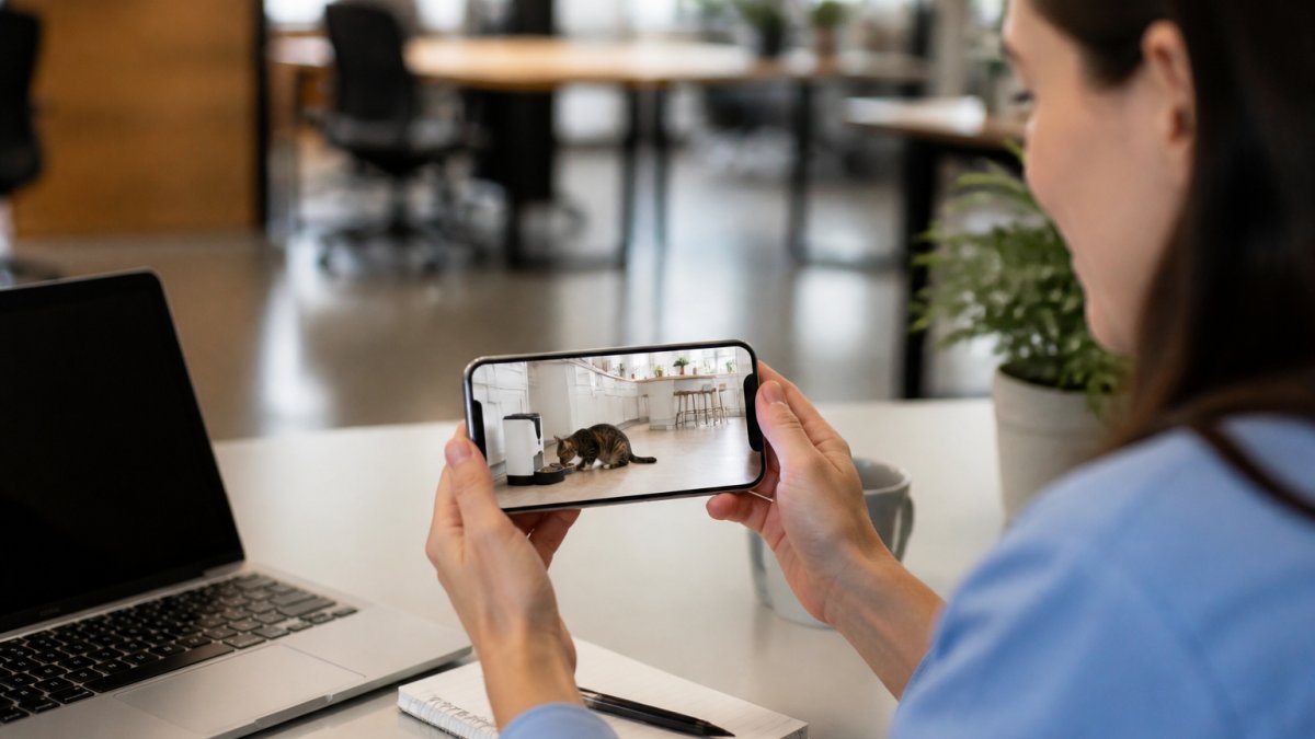 Pet owner viewing their cat on a smartphone app while at work, with the automatic feeder visible in a bright home kitchen through the video feed