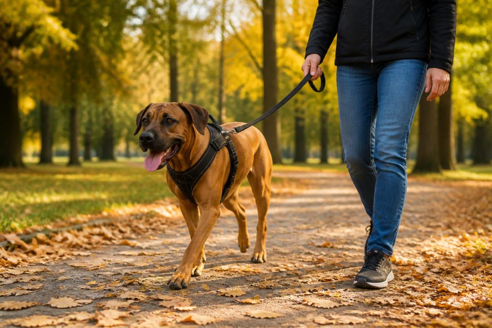 A large brown dog wearing a padded black no-pull harness walking beside its owner on a leaf-strewn park path in warm afternoon sunlight