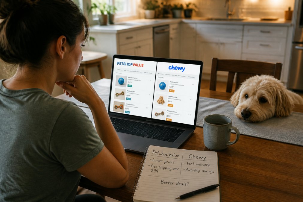 A pet owner sitting at a kitchen table with a laptop open to two pet supply websites, a dog resting nearby, and a notepad with handwritten notes comparing prices