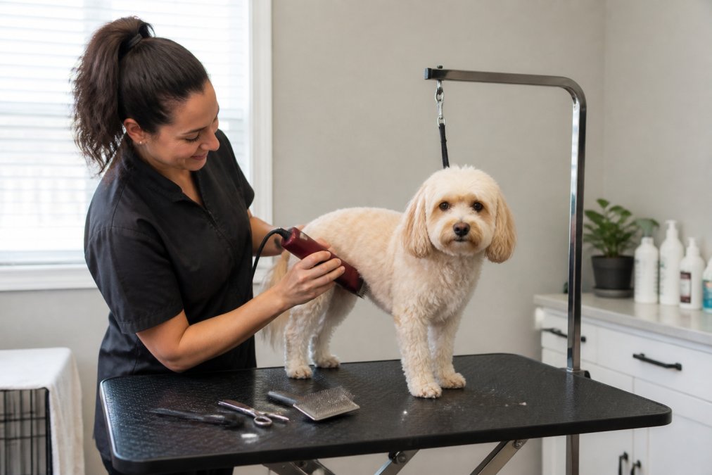 Infographic showing the essential professional grooming tools needed for at-home dog care and maintenance