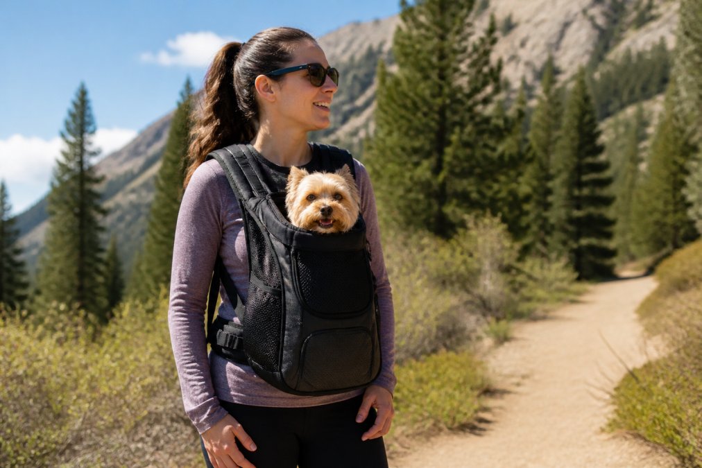A pet owner wearing a front-hugging dog carrier backpack with a small dog inside, walking on a sunny outdoor trail, showing the carrier's sturdy construction and comfortable fit