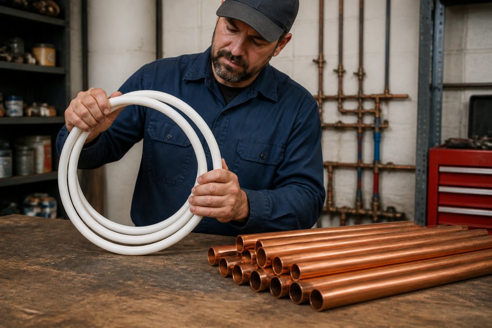 Professional plumber examining flexible PEX tubing coiled next to rigid copper pipe sections on a workbench, showing the material difference and flexibility contrast in natural workshop lighting