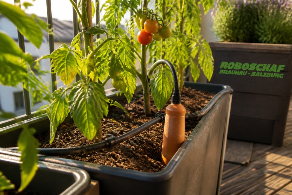 Nahaufnahme eines Balkonkastens mit Tomatenpflanzen, daneben ein Tropfbewässerungsschlauch und ein Tonkegel, der in die Erde gesteckt ist, warmes Nachmittagslicht auf einem Balkon