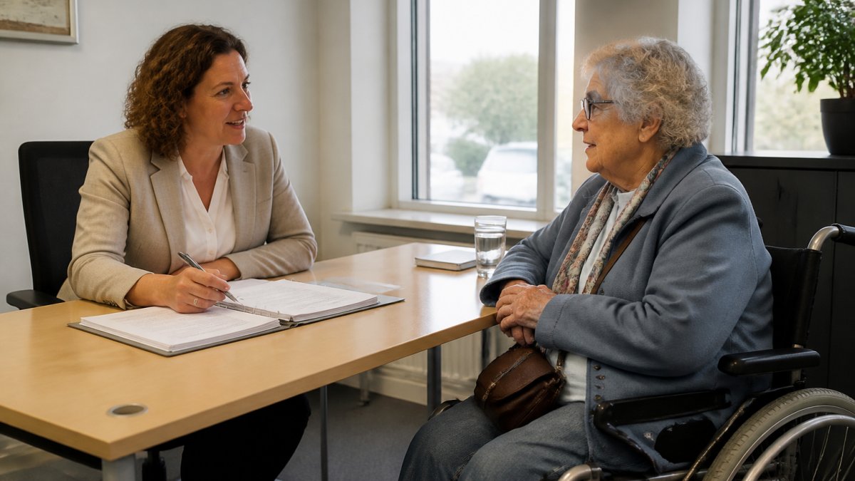 Een oudere mevrouw in een rolstoel in gesprek met een gemeenteconsulent aan een bureau, met papieren en een ondersteuningsplan op tafel in een licht kantoor