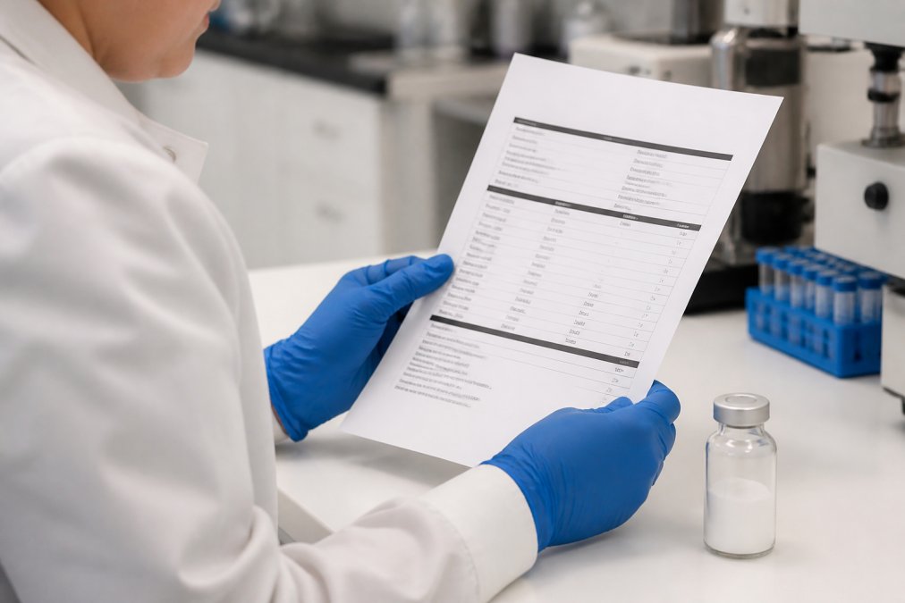 A close-up photograph of a laboratory technician in a white coat and blue gloves examining a printed Certificate of Analysis document next to a vial of lyophilized peptide powder on a clean lab bench