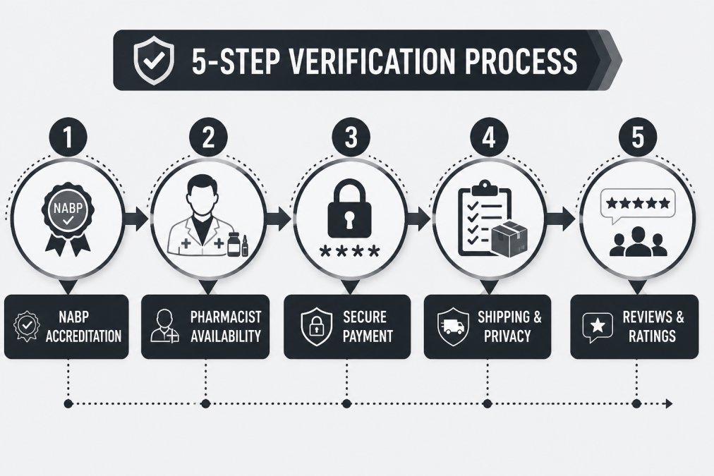Flowchart showing 5-step verification process: Check NABP accreditation → Verify pharmacist availability → Confirm secure payment encryption → Review shipping and privacy policies → Validate customer reviews and ratings