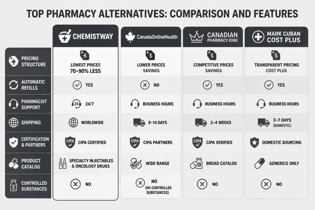 Comparison matrix showing pricing structure and features: Chemistway (automatic refills, 24/7 pharmacist support, worldwide shipping), CanadaOnlineHealth (CIPA partners, 8-14 day delivery, no controlled substances), Canadian Pharmacy King (CIPA verified, broad catalog, longer shipping), Mark Cuban Cost Plus (transparent pricing, domestic sourcing, generics only)