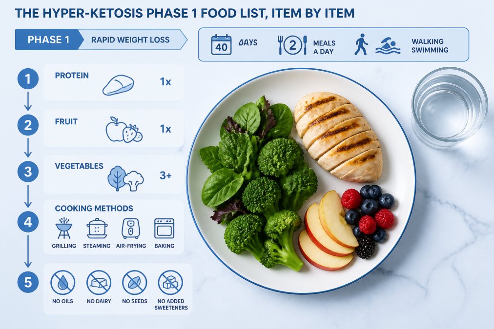 Overhead shot of a kitchen counter with grilled skinless chicken breast, a bowl of mixed leafy greens and broccoli, sliced apple and berries, and a glass of water, all arranged as a single Phase 1 meal with no oils or dairy visible