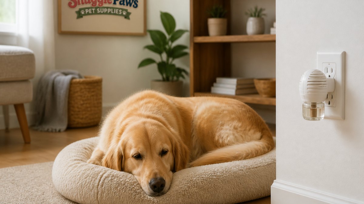A calm golden retriever resting on a cozy bed in a quiet living room with a plug-in diffuser visible on a nearby outlet, soft natural light