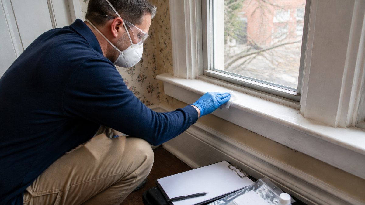 A certified lead inspector in protective gloves carefully wiping a windowsill with a sterile wipe in an older Philadelphia rowhouse interior, with testing supplies and clipboard visible nearby