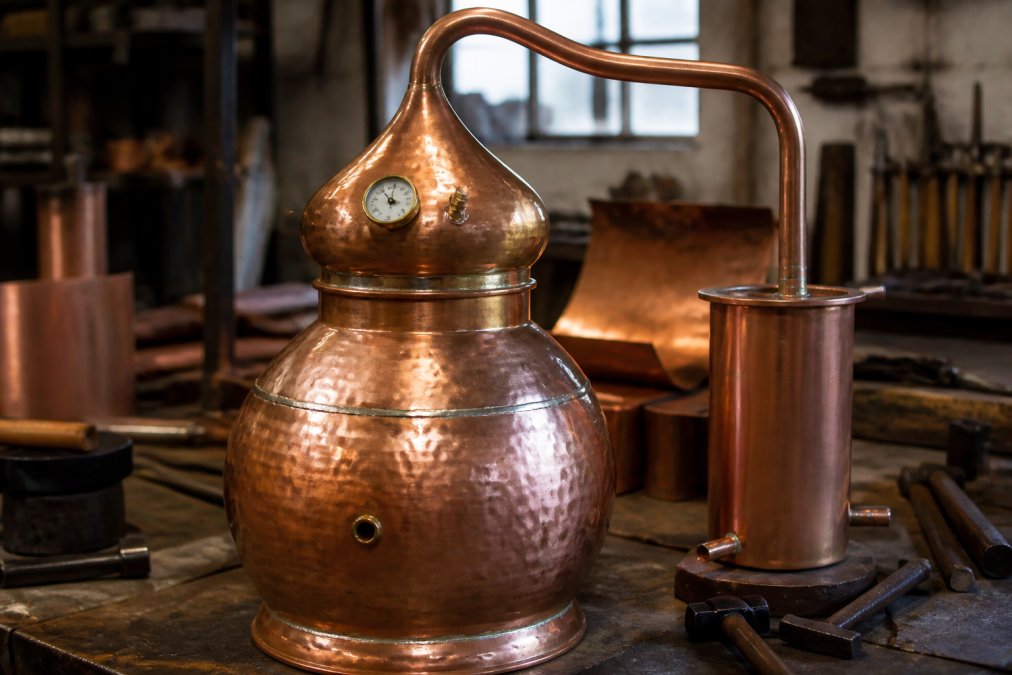 Hand-crafted copper pot still for a philbilly moonshine alternative resting on a workshop workbench