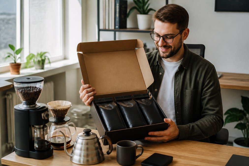 Person holding a premium coffee subscription box with multiple specialty whole bean bags visible inside, sitting at a home office desk with a coffee grinder and brewing equipment nearby, natural window light streaming across the workspace
